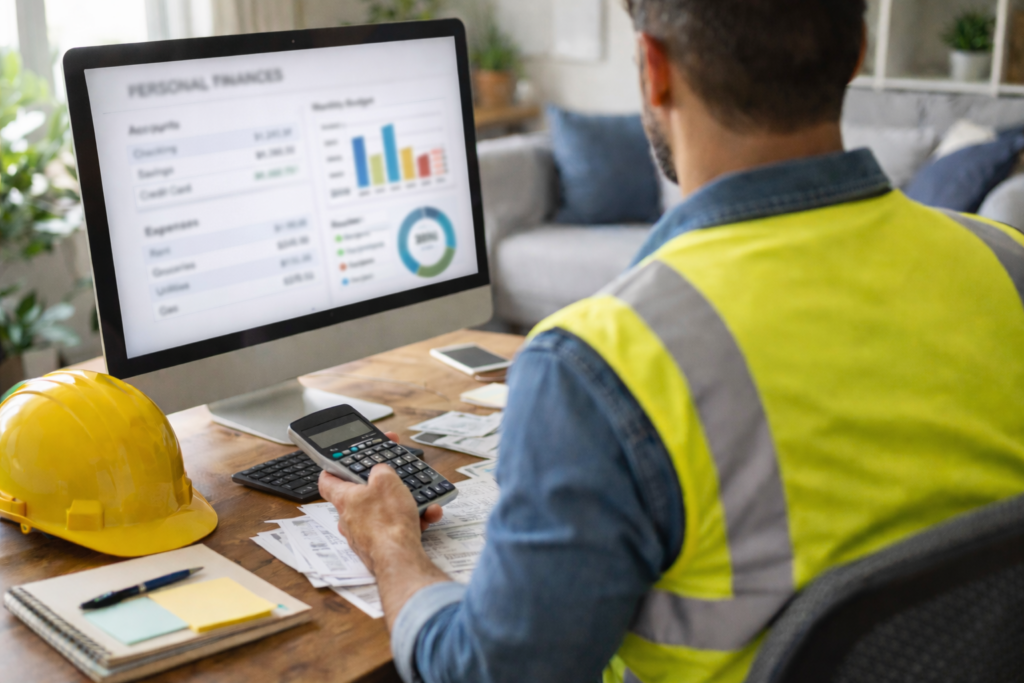 Gig worker reviewing personal finances and income data on computer